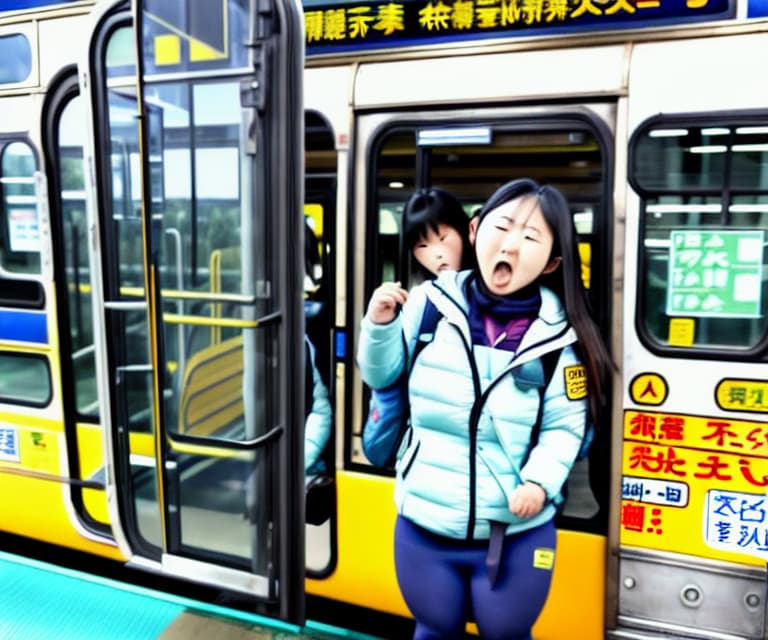  mujer madura en calzones en la estación de buses de Japón