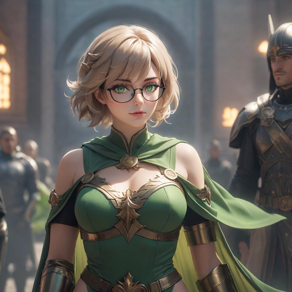  The goddess of justice and order. Short light hair, green eyes, glasses hyperrealistic, full body, detailed clothing, highly detailed, cinematic lighting, stunningly beautiful, intricate, sharp focus, f/1. 8, 85mm, (centered image composition), (professionally color graded), ((bright soft diffused light)), volumetric fog, trending on instagram, trending on tumblr, HDR 4K, 8K