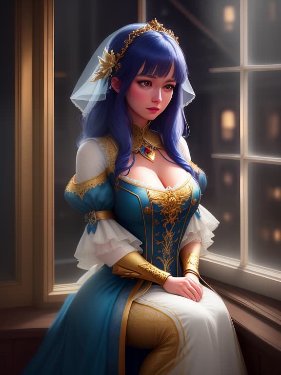  Fantasy painting. A girl leans over and looks out the window towards the street, baroque style dress in blue and gold Renaissance, the street is beautifully lit, focus on the girl, many details, fairy tale illumination. hyperrealistic, full body, detailed clothing, highly detailed, cinematic lighting, stunningly beautiful, intricate, sharp focus, f/1. 8, 85mm, (centered image composition), (professionally color graded), ((bright soft diffused light)), volumetric fog, trending on instagram, trending on tumblr, HDR 4K, 8K