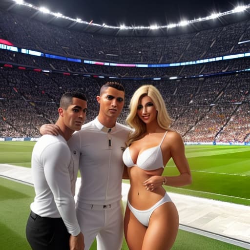  Cristiano Ronaldo with blonde women in santiago bernabeu stadium hyperrealistic, full body, detailed clothing, highly detailed, cinematic lighting, stunningly beautiful, intricate, sharp focus, f/1. 8, 85mm, (centered image composition), (professionally color graded), ((bright soft diffused light)), volumetric fog, trending on instagram, trending on tumblr, HDR 4K, 8K