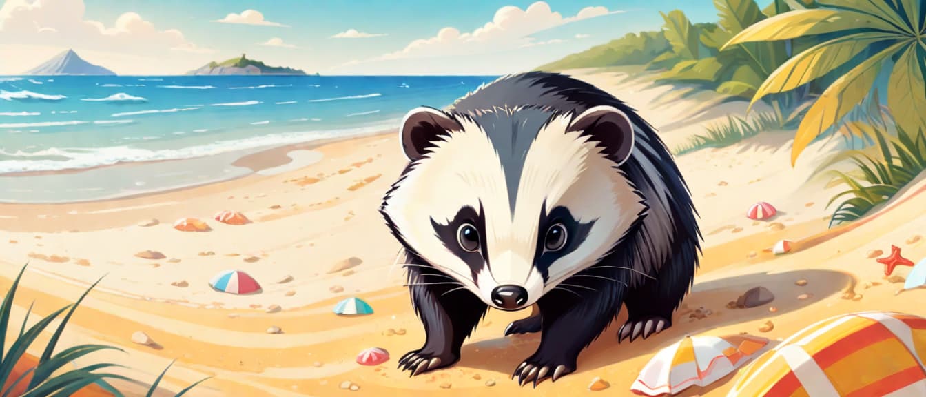  Beach summer panoramic background with big eye cute Badger on the sand