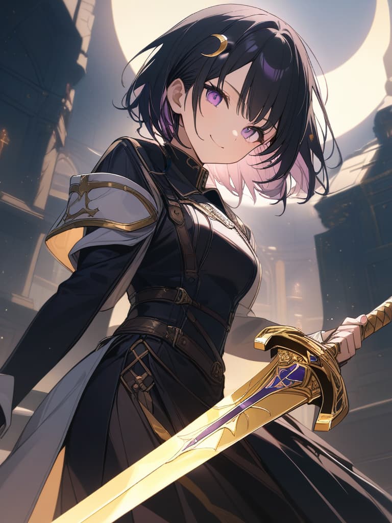  Holy Swordsman,Holy sword,golden sword,sacred place,glare,smile,sword raised,golden light,Excalibur,cool girl,Black hair,(purple eyes),short,cropped hair,crescent moon hair ornament, masterpiece, best quality,8k,ultra detailed,high resolution,an extremely delicate and beautiful,hyper detail