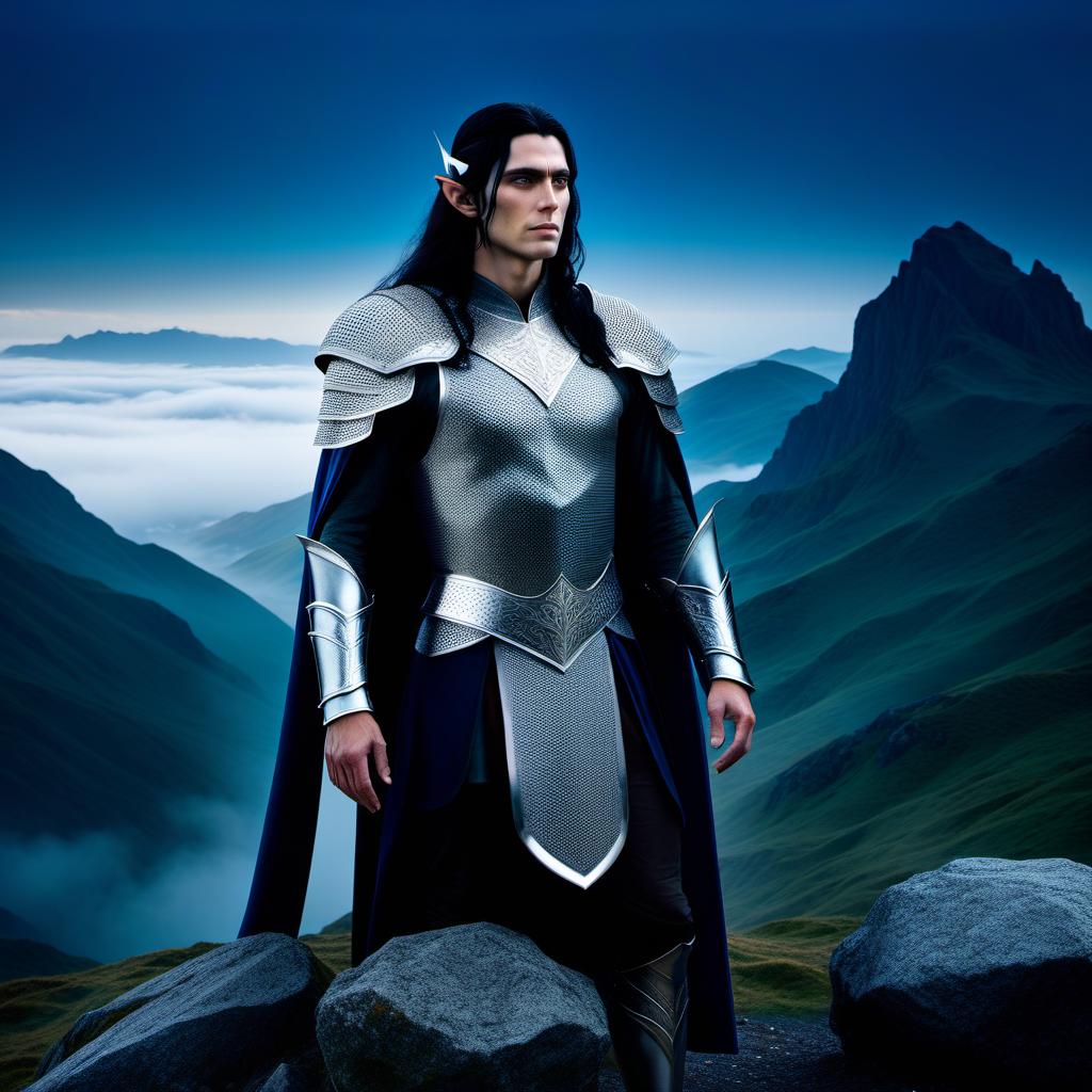  A beautiful, masculine, warlike young elf man with long black hair, gray eyes, a narrow face, and a scar on his face, stands tall in full height against a backdrop of blue misty mountains, wearing silver chainmail armor, a blue cloak, and a crown. hyperrealistic, full body, detailed clothing, highly detailed, cinematic lighting, stunningly beautiful, intricate, sharp focus, f/1. 8, 85mm, (centered image composition), (professionally color graded), ((bright soft diffused light)), volumetric fog, trending on instagram, trending on tumblr, HDR 4K, 8K