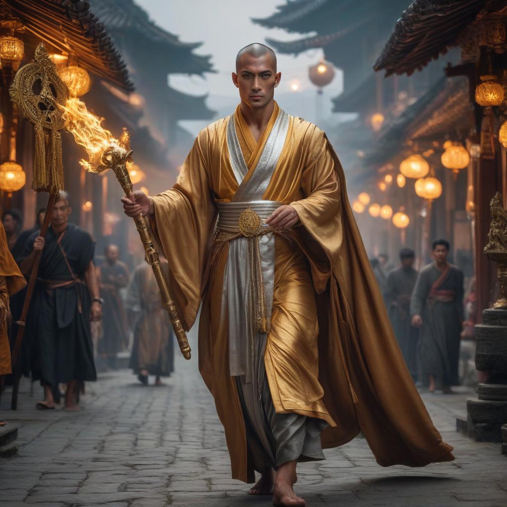  A young, tan monk of a god, with silver robes and golden eyes, carrying a staff. hyperrealistic, full body, detailed clothing, highly detailed, cinematic lighting, stunningly beautiful, intricate, sharp focus, f/1. 8, 85mm, (centered image composition), (professionally color graded), ((bright soft diffused light)), volumetric fog, trending on instagram, trending on tumblr, HDR 4K, 8K