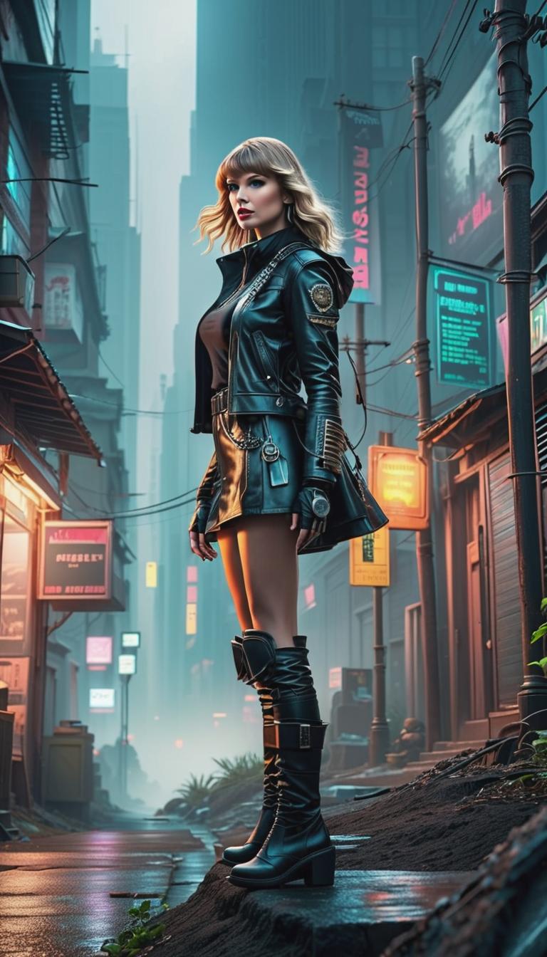  Cyberpunk style depiction of Taylor Swift birdwatching . The scene is set in a world where technology has advanced, but society and human conditions have not, creating a gritty, dystopian atmosphere. hyperrealistic, full body, detailed clothing, highly detailed, cinematic lighting, stunningly beautiful, intricate, sharp focus, f/1. 8, 85mm, (centered image composition), (professionally color graded), ((bright soft diffused light)), volumetric fog, trending on instagram, trending on tumblr, HDR 4K, 8K