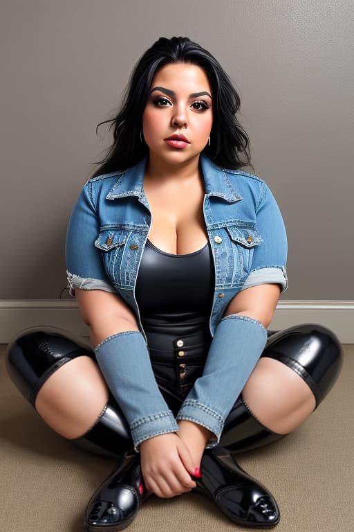   and curvy Hispanic with gles, sitting and wearing a denim jacket, black , and black glossy leather flats