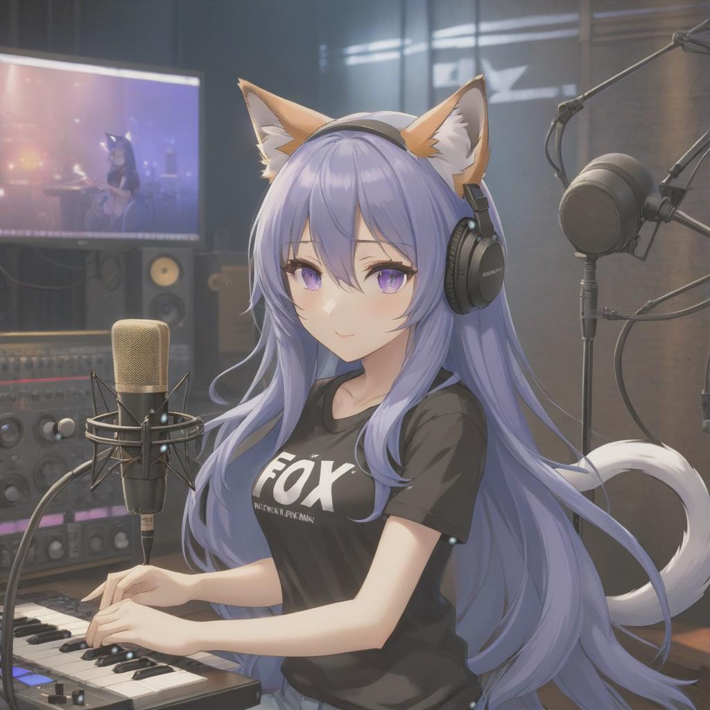  anime artwork A girl with long blue hair, cat ears, violet eyes, wearing a black t shirt with a fox image, sits in front of a microphone with a fox. Recording studio. . anime style, key visual, vibrant, studio anime, highly detailed hyperrealistic, full body, detailed clothing, highly detailed, cinematic lighting, stunningly beautiful, intricate, sharp focus, f/1. 8, 85mm, (centered image composition), (professionally color graded), ((bright soft diffused light)), volumetric fog, trending on instagram, trending on tumblr, HDR 4K, 8K