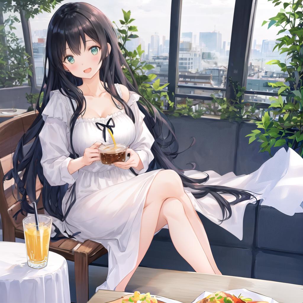  beautiful illustration, best quality, cute girl, a girl, restaurant, sitting, parfait, drinking, happy, open mouth, casual clothes, collarbone, long hair, black hair hyperrealistic, full body, detailed clothing, highly detailed, cinematic lighting, stunningly beautiful, intricate, sharp focus, f/1. 8, 85mm, (centered image composition), (professionally color graded), ((bright soft diffused light)), volumetric fog, trending on instagram, trending on tumblr, HDR 4K, 8K