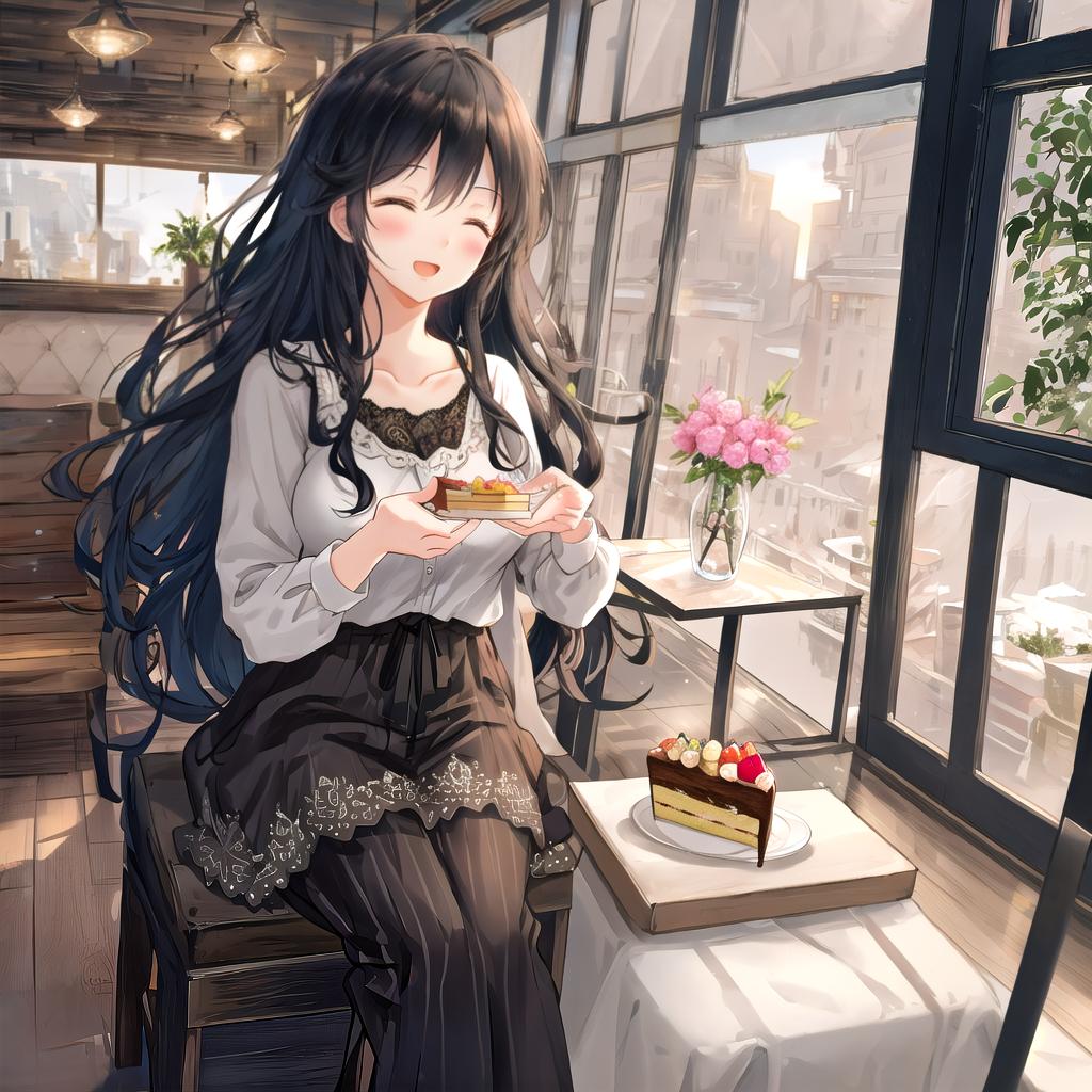  beautiful illustration, best quality, cute girl, cafe, sitting, parfait, cake, (spoken heart), happy, open mouth, close eyes, casual clothes, collarbone, long hair, black hair hyperrealistic, full body, detailed clothing, highly detailed, cinematic lighting, stunningly beautiful, intricate, sharp focus, f/1. 8, 85mm, (centered image composition), (professionally color graded), ((bright soft diffused light)), volumetric fog, trending on instagram, trending on tumblr, HDR 4K, 8K