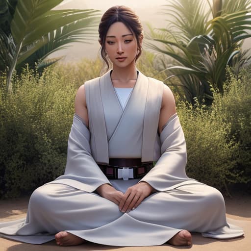  (Jedi meditation:1.3), serene photo,1man, Jedi master in deep meditation, in jedioutfit, sitting cross legged, (desert oasis:1.1), surrounded by blooming desert flowers, harmonizing with the Force, spiritual retreat, transcendent tranquility, desert enlightenment, Absurdres, hdr, ultra detailed illustration, extremely detailed face, RAW photo, film grain, skin pores, trending on deviantart <lora:jedioutfit:1> <lora:epiNoiseoffset v2:1> hyperrealistic, full body, detailed clothing, highly detailed, cinematic lighting, stunningly beautiful, intricate, sharp focus, f/1. 8, 85mm, (centered image composition), (professionally color graded), ((bright soft diffused light)), volumetric fog, trending on instagram, trending on tumblr, HDR 4K, 8K