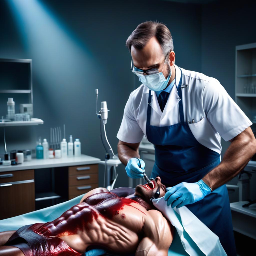  A dentist with a drill in his hand and a bloodstained apron. hyperrealistic, full body, detailed clothing, highly detailed, cinematic lighting, stunningly beautiful, intricate, sharp focus, f/1. 8, 85mm, (centered image composition), (professionally color graded), ((bright soft diffused light)), volumetric fog, trending on instagram, trending on tumblr, HDR 4K, 8K