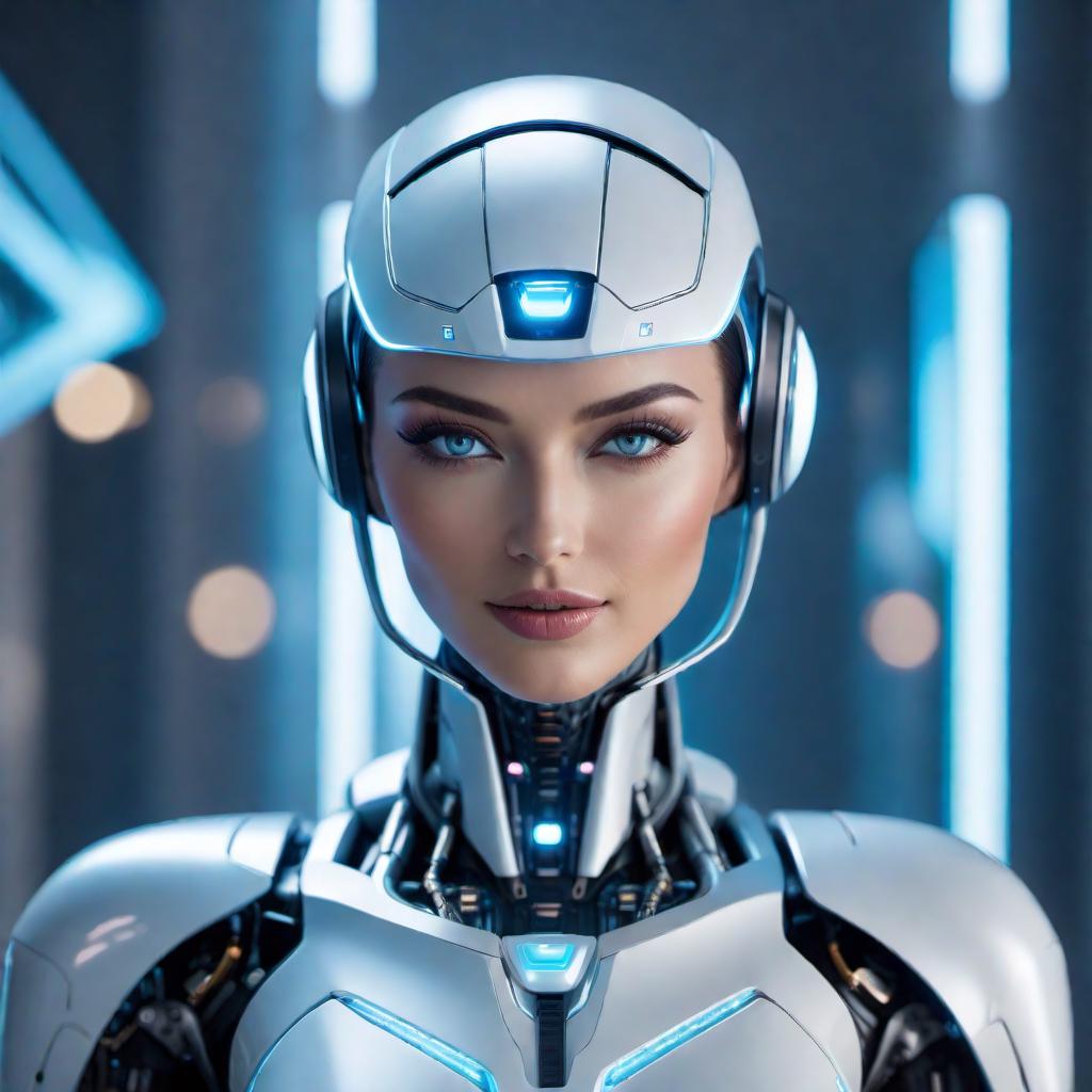  A friendly AI assistant represented as a modern, sleek robot with a friendly expression. The robot is in a futuristic, high-tech environment with glowing holographic screens around. The design is clean and polished, and the background has a minimalistic, sci-fi feel. hyperrealistic, full body, detailed clothing, highly detailed, cinematic lighting, stunningly beautiful, intricate, sharp focus, f/1. 8, 85mm, (centered image composition), (professionally color graded), ((bright soft diffused light)), volumetric fog, trending on instagram, trending on tumblr, HDR 4K, 8K