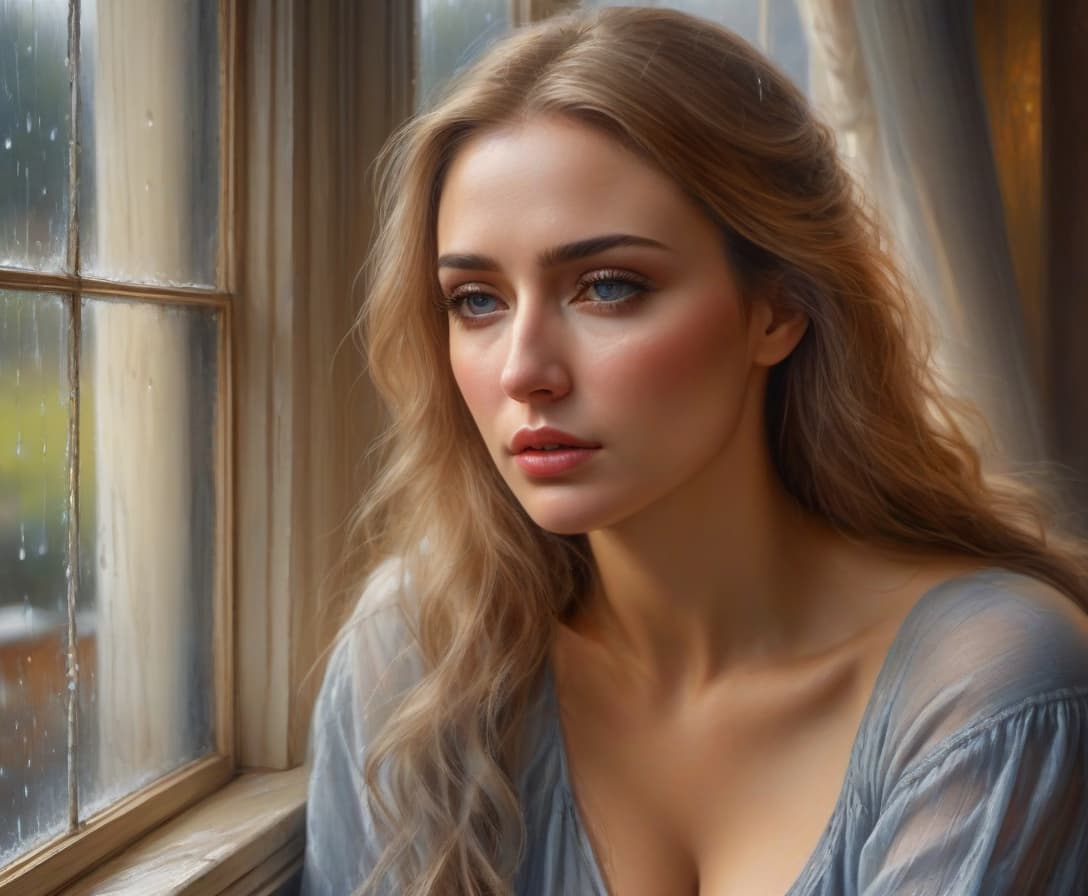  hyperrealistic art Portrait in paints, a beautiful woman with a very sad face, emotions of sadness on the perfectly drawn face, looking down, outside it's raining, gloomy, ideal image detailing, maximum clarity, professional, realistic drawing, classicism, oil, painting in the best traditions of portraitism, masterpiece. . extremely high resolution details, photographic, realism pushed to extreme, fine texture, incredibly lifelike hyperrealistic, full body, detailed clothing, highly detailed, cinematic lighting, stunningly beautiful, intricate, sharp focus, f/1. 8, 85mm, (centered image composition), (professionally color graded), ((bright soft diffused light)), volumetric fog, trending on instagram, trending on tumblr, HDR 4K, 8K