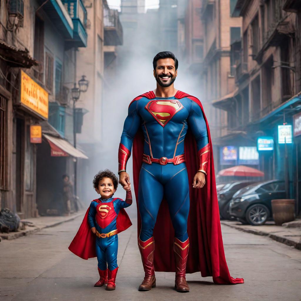  A 4-year-old boy named Dilhan with a big smile, standing next to his dad, Mahmut. Mahmut is depicted as a superhero with no cape, wearing everyday clothes but radiating an aura of strength and kindness. The background is simple and colorful. Done in the style of a superhero comic. hyperrealistic, full body, detailed clothing, highly detailed, cinematic lighting, stunningly beautiful, intricate, sharp focus, f/1. 8, 85mm, (centered image composition), (professionally color graded), ((bright soft diffused light)), volumetric fog, trending on instagram, trending on tumblr, HDR 4K, 8K