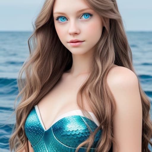  Young woman blue eyes light brown wavy long hair mermaid