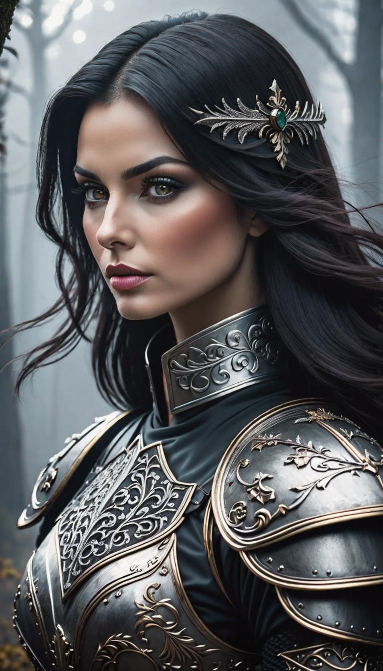  gothic style depiction of A long dark haired female knight. Hot and curvy. Dark and gloomy background . dark, mysterious, haunting, dramatic, ornate, detailed, hyperrealistic, full body, detailed clothing, highly detailed, cinematic lighting, stunningly beautiful, intricate, sharp focus, f/1. 8, 85mm, (centered image composition), (professionally color graded), ((bright soft diffused light)), volumetric fog, trending on instagram, trending on tumblr, HDR 4K, 8K