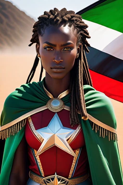  Young African aged 15, very beautiful with black superhero costume, long cape in the colors of the flag of Kenya red green black white, Afro dreadlocks, herd of zes and savannah in the background, determined look, very beautiful, brown eyes, almond shaped eyes, small s, beautiful smile hyperrealistic, full body, detailed clothing, highly detailed, cinematic lighting, stunningly beautiful, intricate, sharp focus, f/1. 8, 85mm, (centered image composition), (professionally color graded), ((bright soft diffused light)), volumetric fog, trending on instagram, trending on tumblr, HDR 4K, 8K