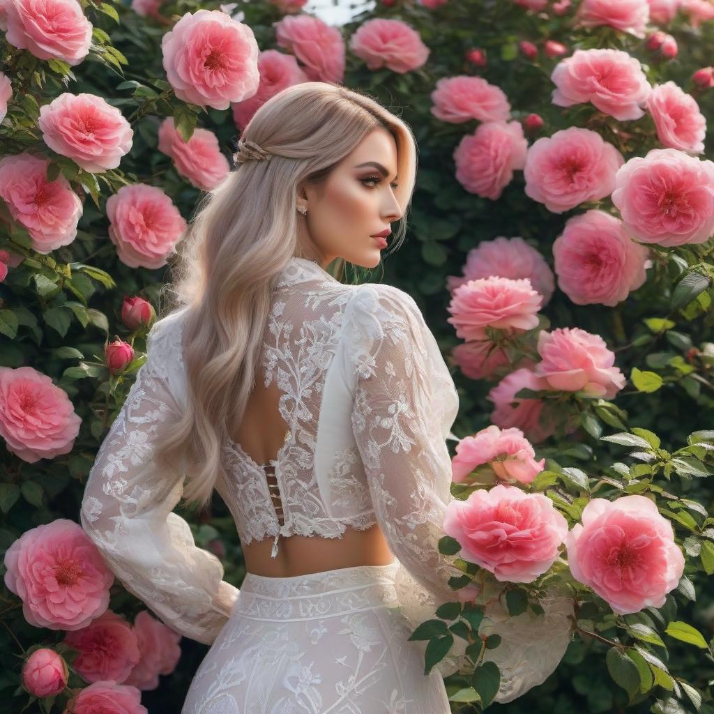  exaggerated woman's face looking at camera, near a blooming wild rose bush hyperrealistic, full body, detailed clothing, highly detailed, cinematic lighting, stunningly beautiful, intricate, sharp focus, f/1. 8, 85mm, (centered image composition), (professionally color graded), ((bright soft diffused light)), volumetric fog, trending on instagram, trending on tumblr, HDR 4K, 8K