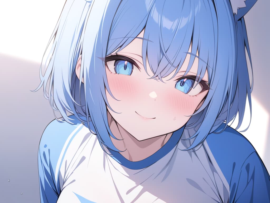  Short hair, light blue mesh, , cat ears, , big s, jit eyes, light blue eyes, smiles, blue hair, jersey, masterpiece, best quality,8k,ultra detailed,high resolution,an extremely delicate and beautiful,hyper detail