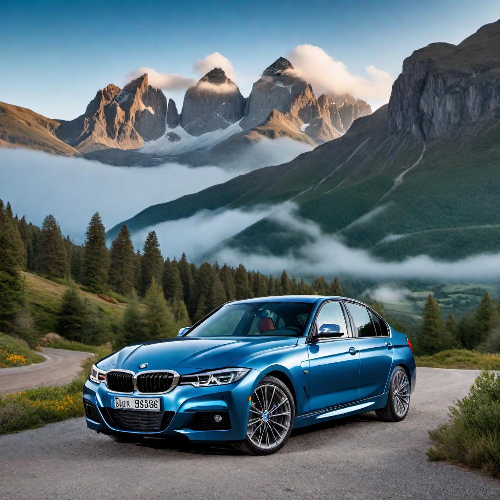  A realistic image of a BMW 328i, shown from a slightly angled front view. The car is parked on a scenic road with mountains in the background. The car has a shiny metallic blue finish with sporty alloy wheels. hyperrealistic, full body, detailed clothing, highly detailed, cinematic lighting, stunningly beautiful, intricate, sharp focus, f/1. 8, 85mm, (centered image composition), (professionally color graded), ((bright soft diffused light)), volumetric fog, trending on instagram, trending on tumblr, HDR 4K, 8K