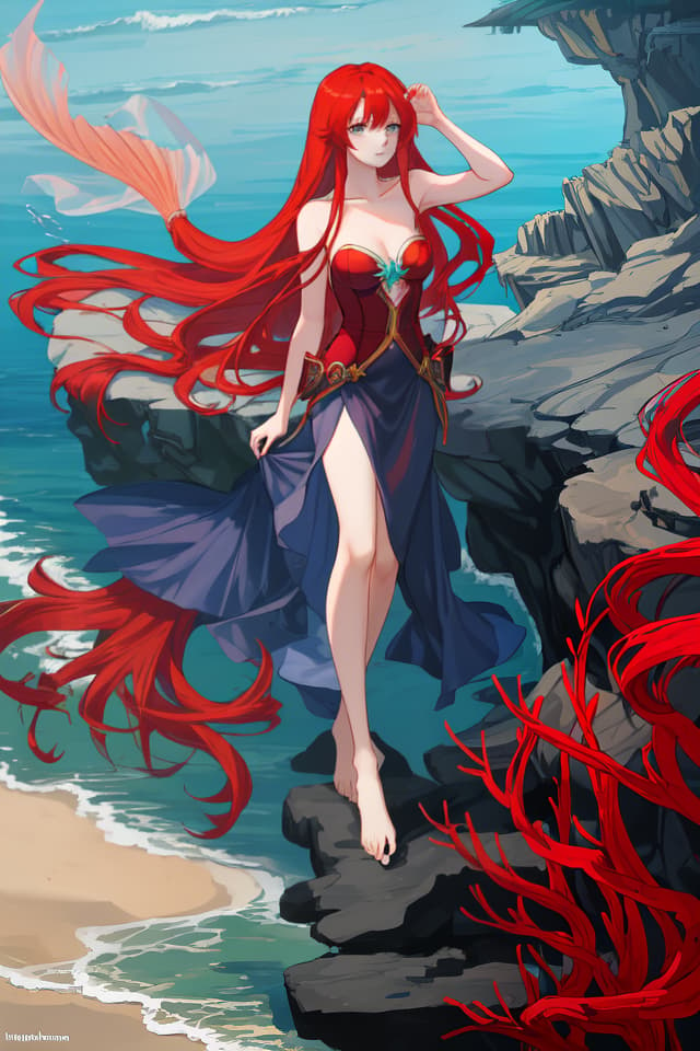  Red hair, long hair, mermaid, seaside, fantasy, light system