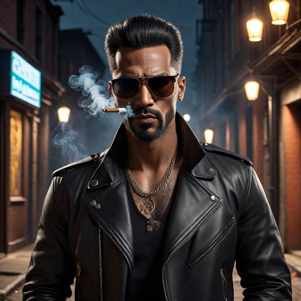  Cartoon style picture of a bad guy smoking a blunt. The bad guy should have a menacing look, wearing dark clothes, maybe a leather jacket, sunglasses, and a smirk. The background can be an alleyway or a dark urban street at night. hyperrealistic, full body, detailed clothing, highly detailed, cinematic lighting, stunningly beautiful, intricate, sharp focus, f/1. 8, 85mm, (centered image composition), (professionally color graded), ((bright soft diffused light)), volumetric fog, trending on instagram, trending on tumblr, HDR 4K, 8K