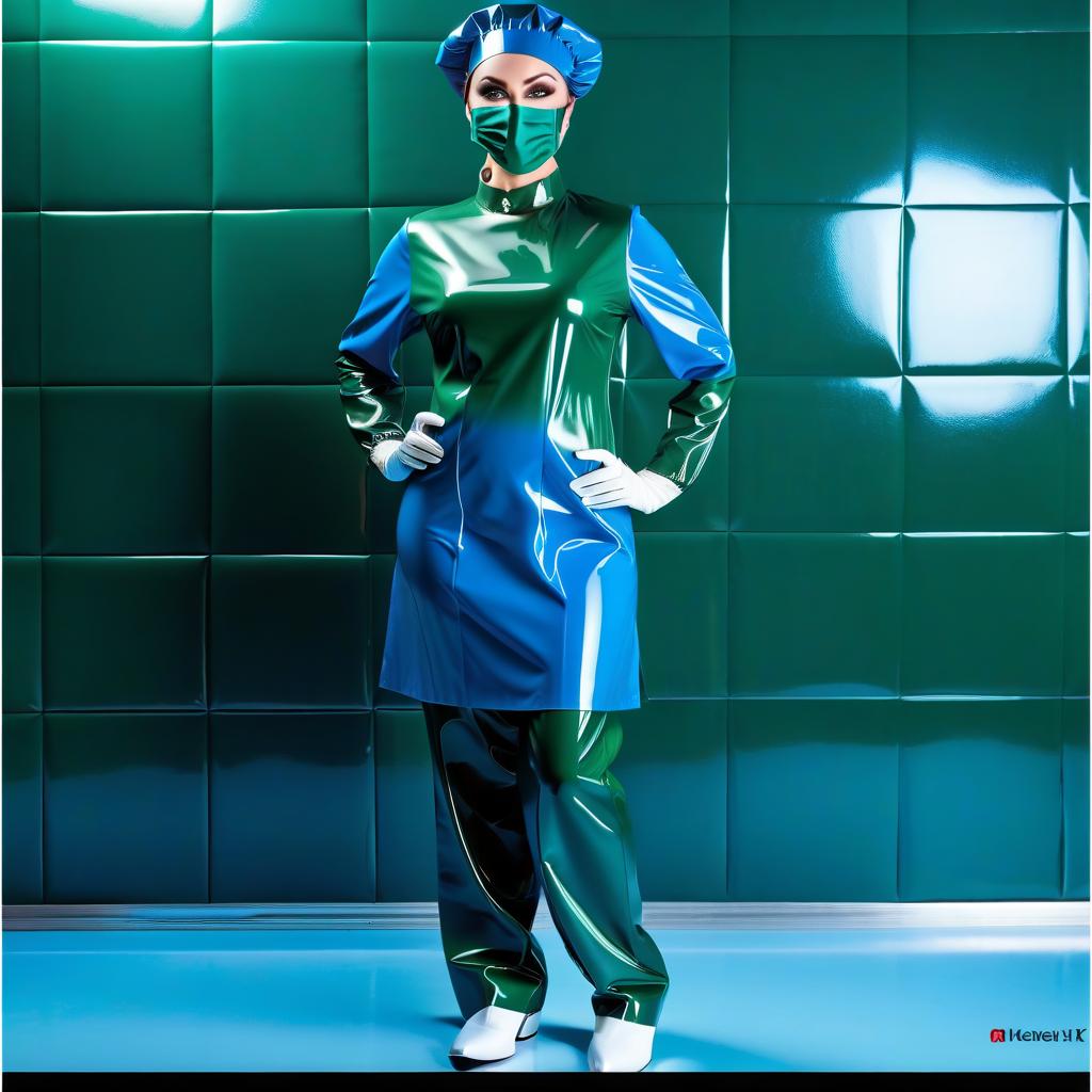  woman surgeon, full length, front view, full face, dressed, shower cap, surgical beret, two colors glossy latex dark green and dark blue, the lover part shower cap beret, glossy latex dark green, and the upper part shower cap beret, glossy latex dark blue hyperrealistic, full body, detailed clothing, highly detailed, cinematic lighting, stunningly beautiful, intricate, sharp focus, f/1. 8, 85mm, (centered image composition), (professionally color graded), ((bright soft diffused light)), volumetric fog, trending on instagram, trending on tumblr, HDR 4K, 8K