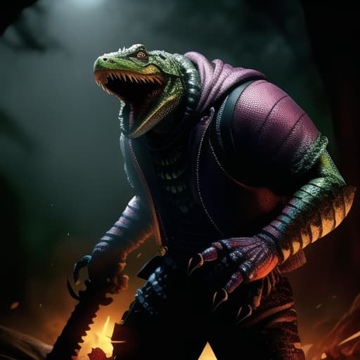  full body, fusion Freddy Krueger and a Reptile, malicious smile, bloody, gore, horror theme, nightmare, masterpiece, scale like skin, full body, lizard forked tongue, weapon shown, , (masterpiece, best quality:1.5), HDR 4K, 8K