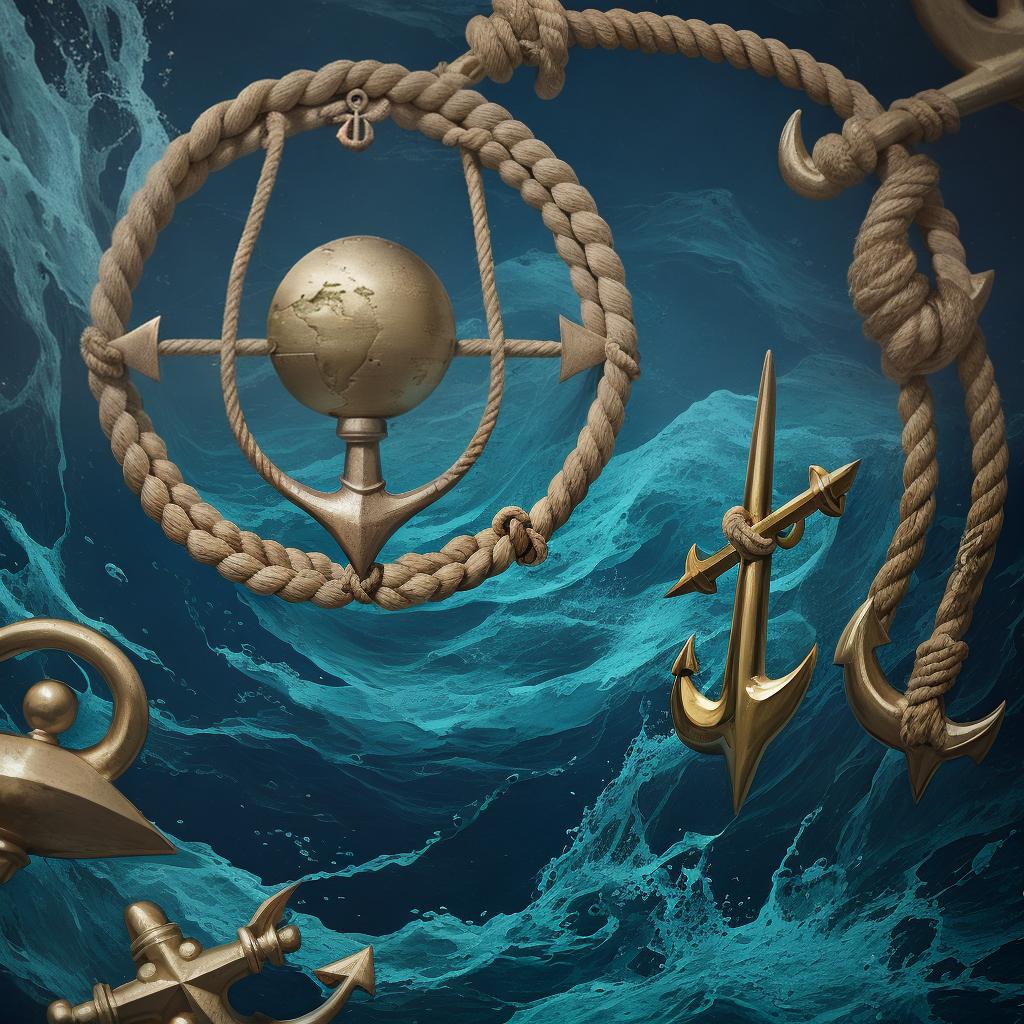  masterpiece, best quality, Marine theme, three anchors next to each other, atached to a rope, under the water in a circular sphere