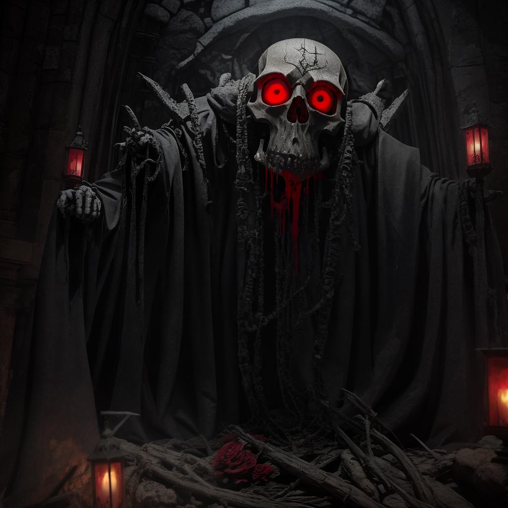  masterpiece, best quality, creepy skull palace, with red eyes light