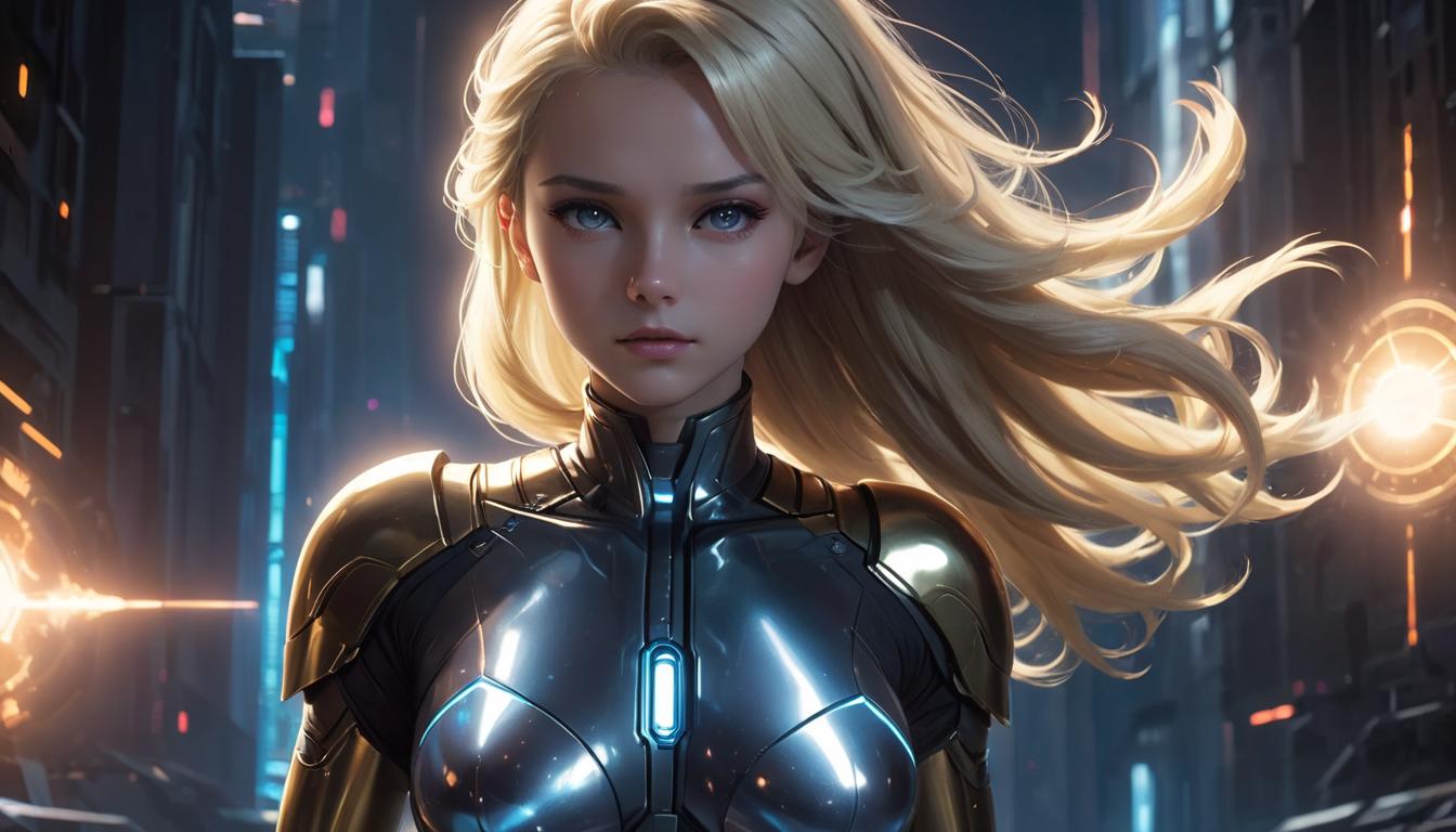  1girl, large busted attractive blonde arian female humanoid, celestial setting, soft glow from higher realms, supportive aura, high tech clothing clad in sleek, futuristic costume with metallic accents and form fitting designs, marvel superhero comics style, unreal engine rendering