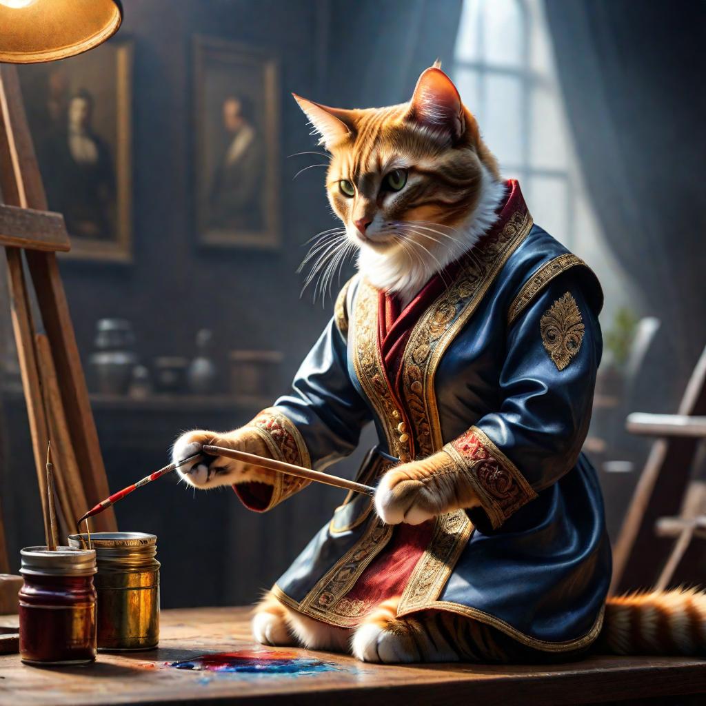  A cat is painting. hyperrealistic, full body, detailed clothing, highly detailed, cinematic lighting, stunningly beautiful, intricate, sharp focus, f/1. 8, 85mm, (centered image composition), (professionally color graded), ((bright soft diffused light)), volumetric fog, trending on instagram, trending on tumblr, HDR 4K, 8K