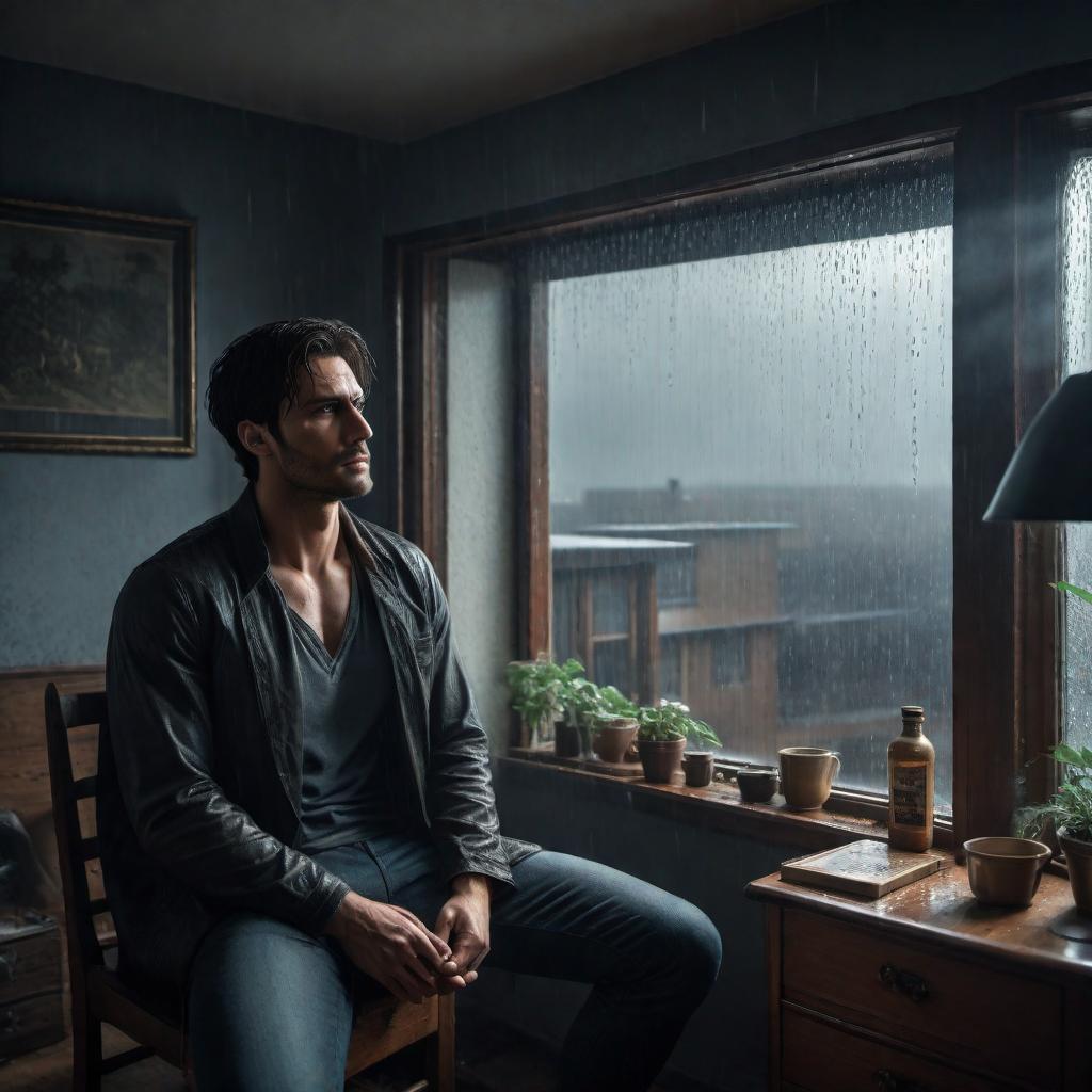  A lonely young man stuck inside his room, looking miserable. It's raining outside the window. The room is dimly lit, with shadows casting a melancholic atmosphere. The young man is sitting by the window, staring out at the rain, with a somber expression on his face. There are signs of a long stay inside like unkempt hair, stubble, and untidy surroundings. hyperrealistic, full body, detailed clothing, highly detailed, cinematic lighting, stunningly beautiful, intricate, sharp focus, f/1. 8, 85mm, (centered image composition), (professionally color graded), ((bright soft diffused light)), volumetric fog, trending on instagram, trending on tumblr, HDR 4K, 8K