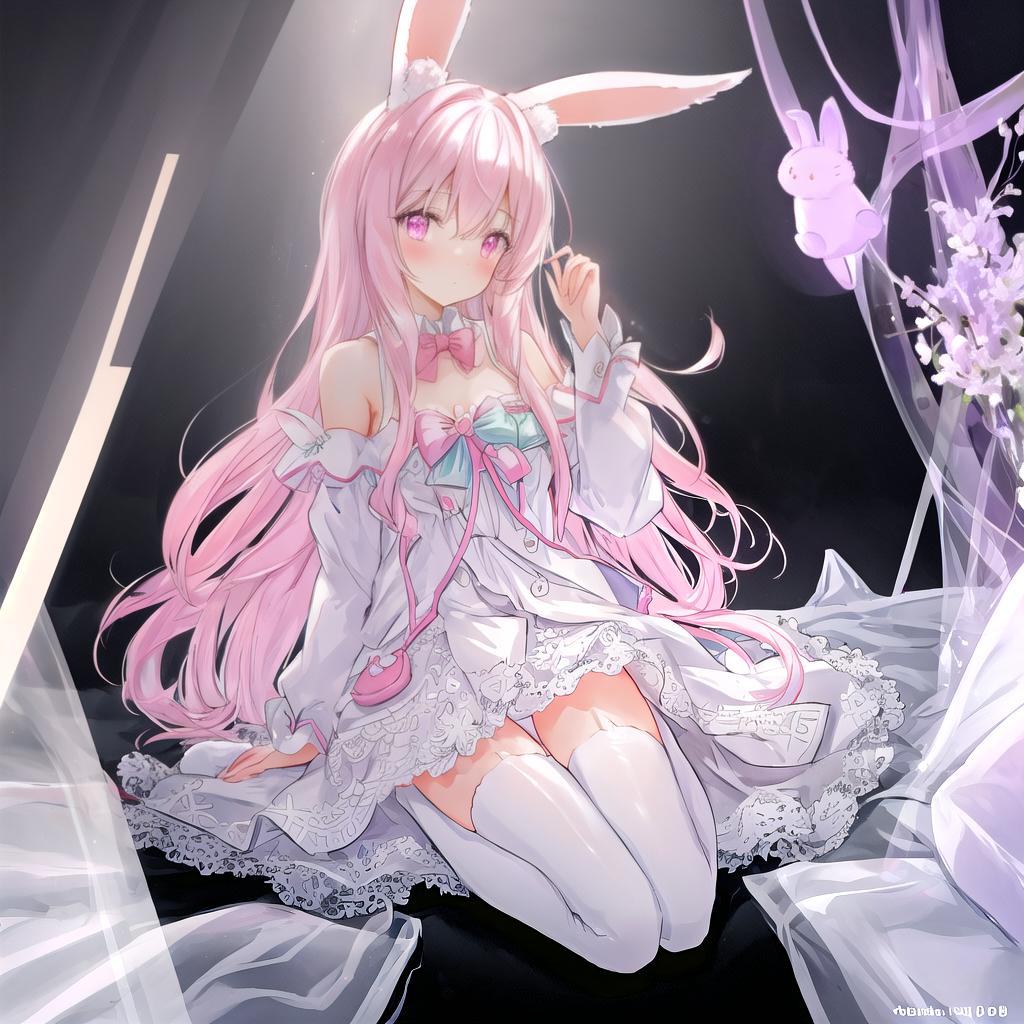  beautiful ilration, best quality, cute , a , bedroom, pastel color, fluffy bunny ears, , silver long hair, rabbit stuffed toy, bright lighting, light pink eyes, small  hyperrealistic, full body, detailed clothing, highly detailed, cinematic lighting, stunningly beautiful, intricate, sharp focus, f/1. 8, 85mm, (centered image composition), (professionally color graded), ((bright soft diffused light)), volumetric fog, trending on instagram, trending on tumblr, HDR 4K, 8K