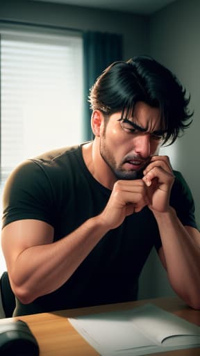  a man in his anger slams his hands on the table and at the same time everything in the room is blown from its spot as if a bomb went off, hyperrealistic, high quality, highly detailed, perfect lighting, intricate, sharp focus, f/1. 8, 85mm, (centered image composition), (professionally color graded), ((bright soft diffused light)), trending on instagram, HDR 4K, 8K