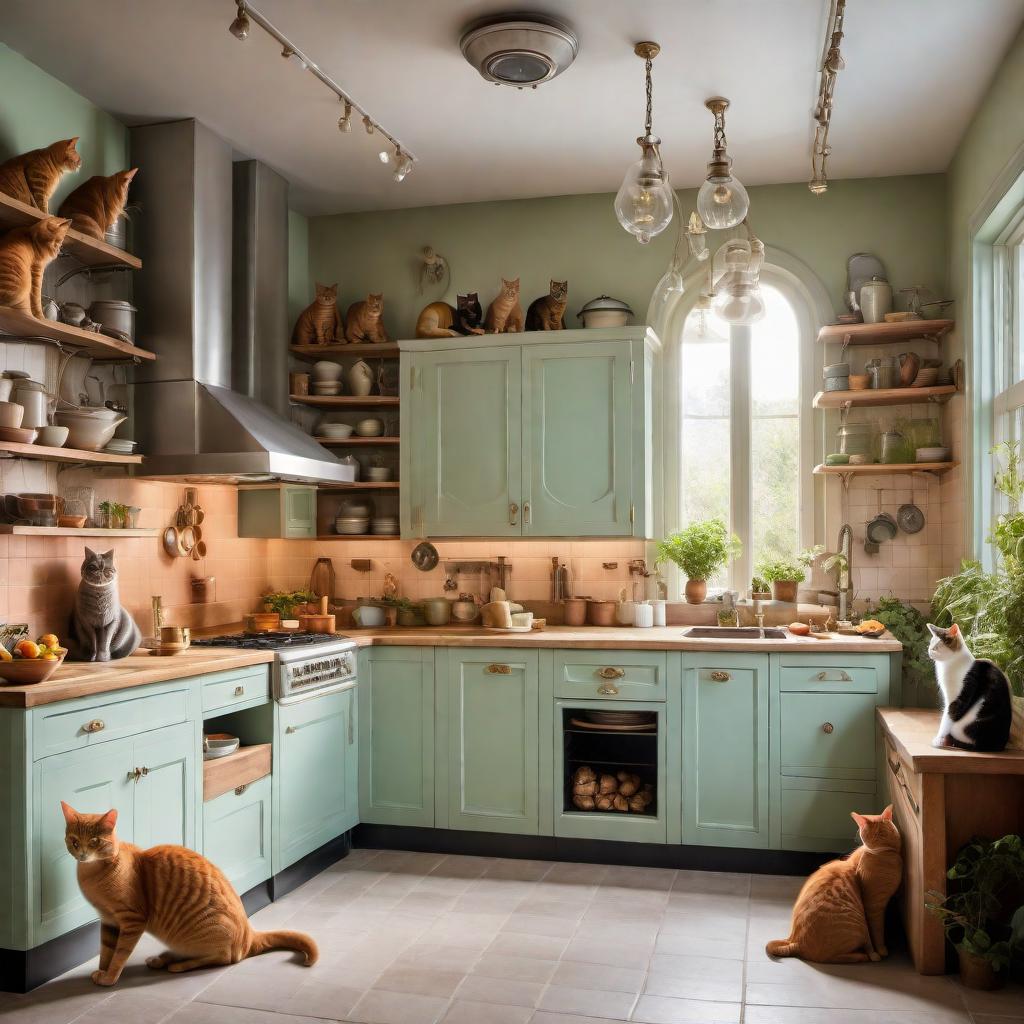  A whimsical kitchen where every element is made of the bodies of cats. The kitchen cabinets are made of the bodies of the cats, serving as the foundation. Imagine countertops, shelves, appliances, and furniture all in the form of cuddly, furry cats with their bodies forming the structure. The stove is a group of cats huddled together, and the fridge has cats as its doors. Even the sink and cabinets are formed by the bodies of cats, with their tails and paws forming handles and knobs. The overall ambiance is warm and quirky, with cats in various poses and colors making up this fantastical kitchen. hyperrealistic, full body, detailed clothing, highly detailed, cinematic lighting, stunningly beautiful, intricate, sharp focus, f/1. 8, 85mm, (centered image composition), (professionally color graded), ((bright soft diffused light)), volumetric fog, trending on instagram, trending on tumblr, HDR 4K, 8K