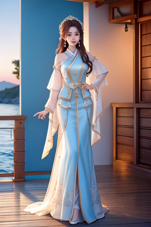  [A portrait] of [a beautiful lady with brown long hair and a white dress], [standing in front of the sea], [blue hour], [soft color] japanese girl too clear s 1000 hyperrealistic, full body, detailed clothing, highly detailed, cinematic lighting, stunningly beautiful, intricate, sharp focus, f/1. 8, 85mm, (centered image composition), (professionally color graded), ((bright soft diffused light)), volumetric fog, trending on instagram, trending on tumblr, HDR 4K, 8K