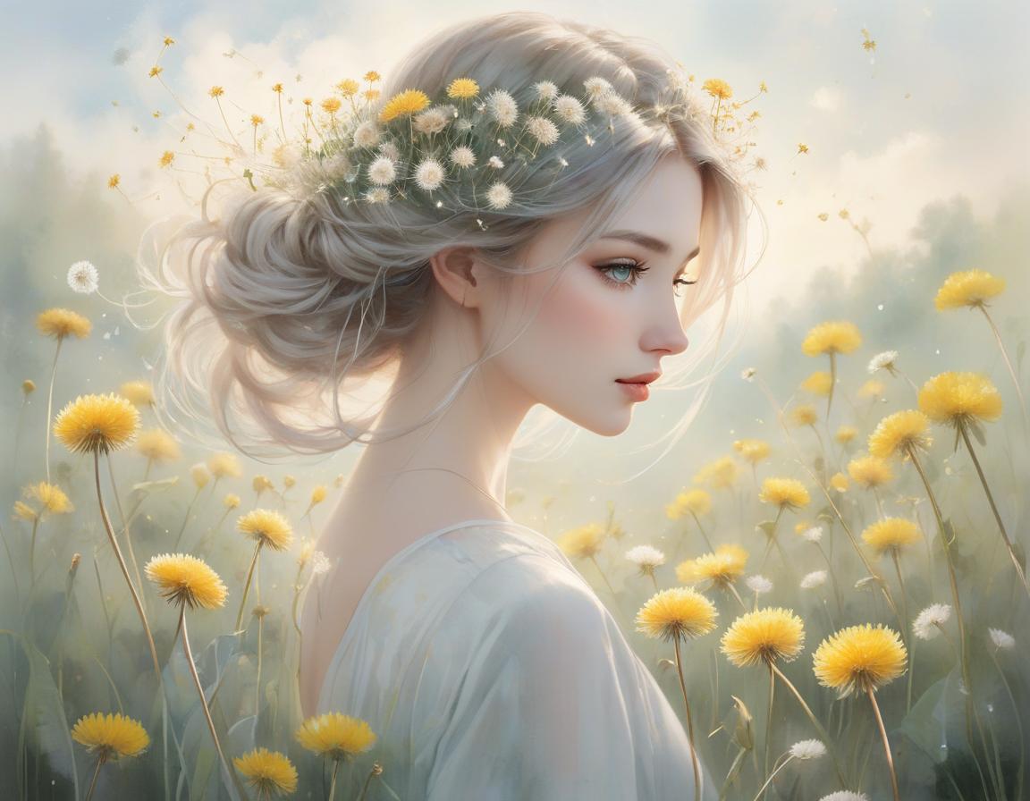  A tranquil image of a young with dandelions in her hair, surrounded by a soft, dreamy landscape. Delicate watercolor painting, ethereal atmosphere, whimsical dandelion hair, floating wishes, eyes reflecting the sky, innocence and wonder, soft pastel colors, gentle strokes, dreamy and airy feel, light and shadow play, intricate details, fine art quality, by Emily Winfield Martin, Etsy, 3000x4000 resolution. hyperrealistic, full body, detailed clothing, highly detailed, cinematic lighting, stunningly beautiful, intricate, sharp focus, f/1. 8, 85mm, (centered image composition), (professionally color graded), ((bright soft diffused light)), volumetric fog, trending on instagram, trending on tumblr, HDR 4K, 8K