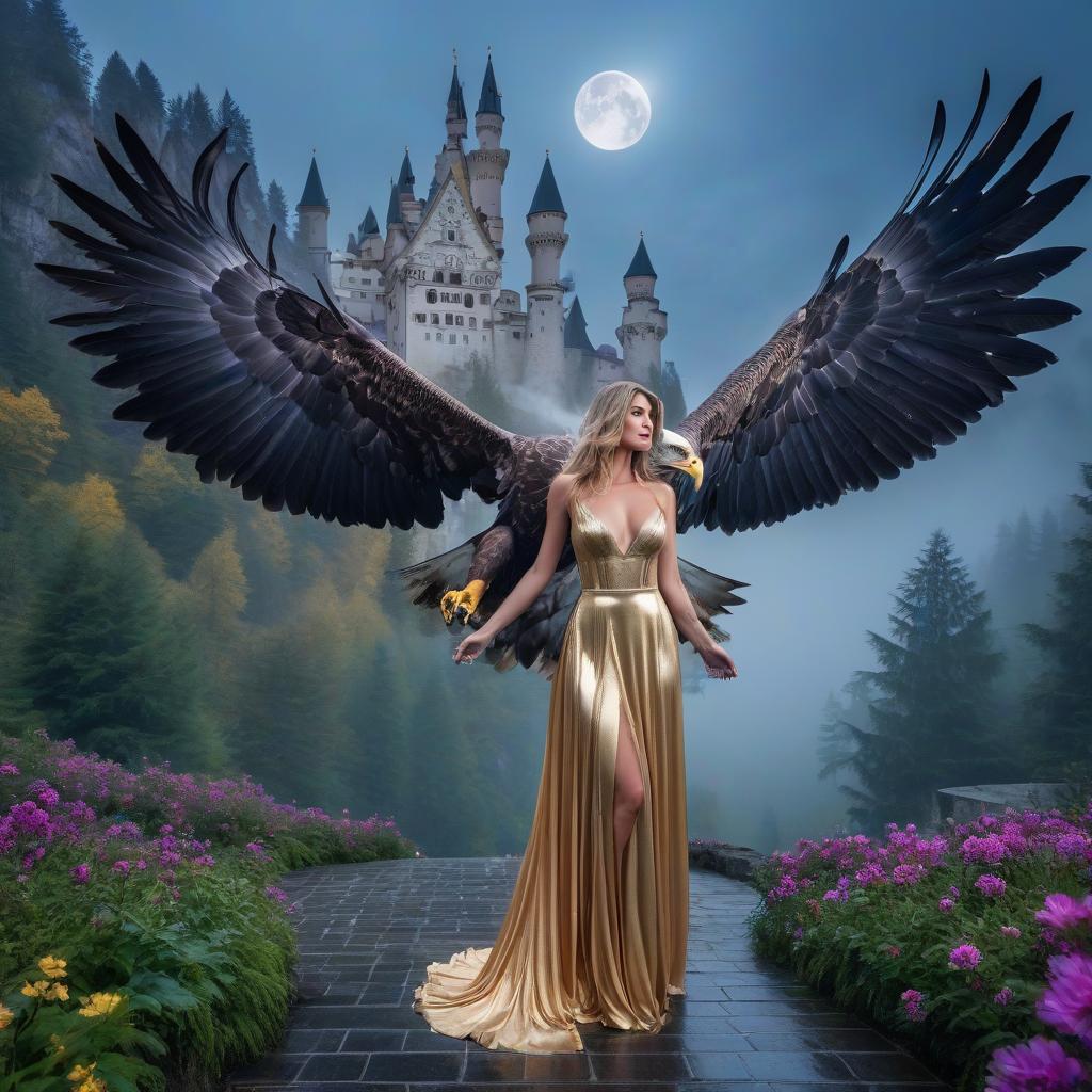  Fairy tale blue eyed eagle. Neuschwanstein. The girl in the gold dress. A very pretty girl. Garden of Eden. Rain. Flying saucer. Space, fantasy. Purple, blue, silver colors. Moon. hyperrealistic, full body, detailed clothing, highly detailed, cinematic lighting, stunningly beautiful, intricate, sharp focus, f/1. 8, 85mm, (centered image composition), (professionally color graded), ((bright soft diffused light)), volumetric fog, trending on instagram, trending on tumblr, HDR 4K, 8K