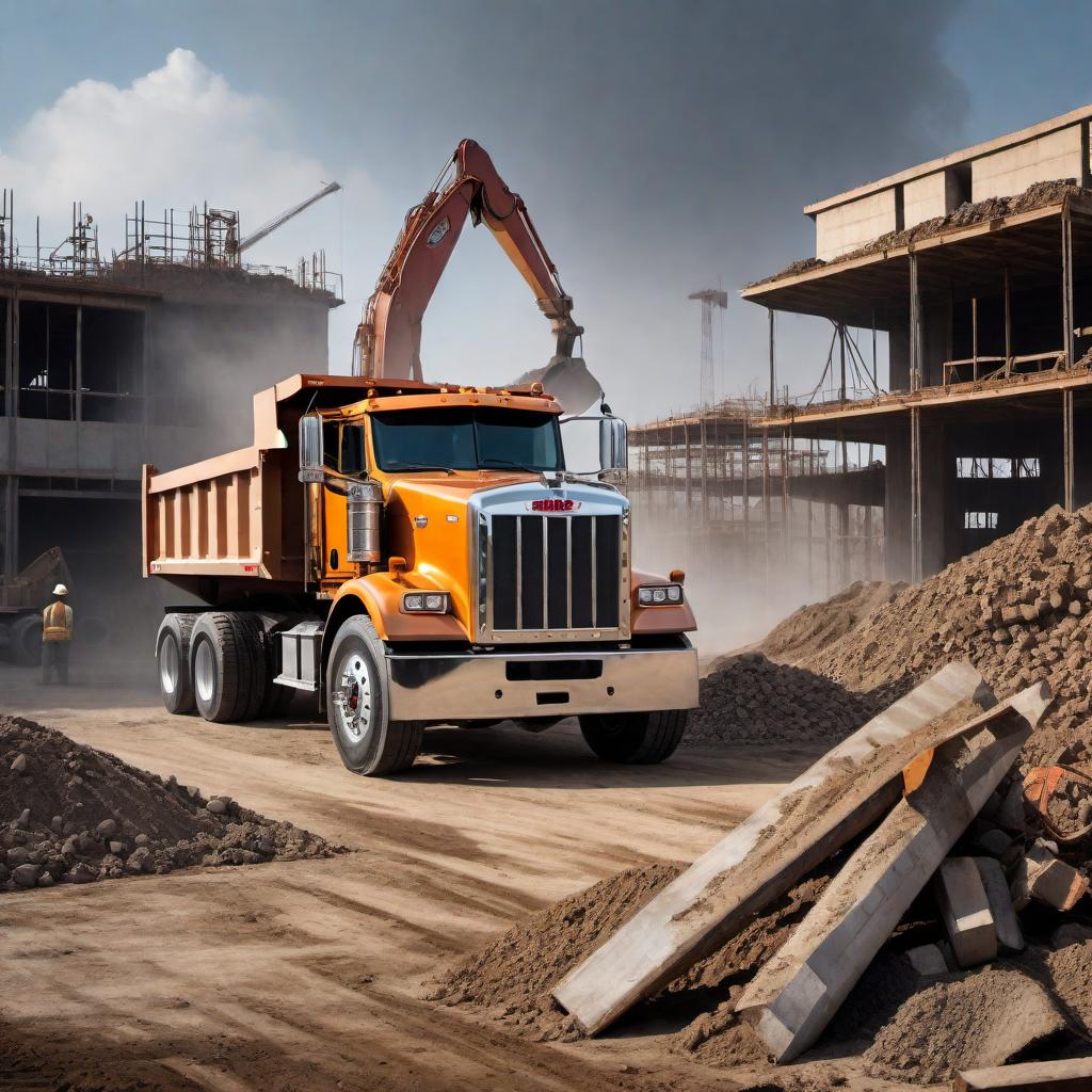  A 579 Peterbilt dump truck at a job site. The truck should have the signature Peterbilt design, with its chrome grille and classic hood, heavy-duty tires, a robust body, and a hydraulic lift system for the bed. The job site should include elements like excavators, bulldozers, and piles of earth, with workers in safety gear actively engaged in construction activities. The background can feature a mix of partially constructed buildings and machinery, emphasizing the industrial nature of the scene. hyperrealistic, full body, detailed clothing, highly detailed, cinematic lighting, stunningly beautiful, intricate, sharp focus, f/1. 8, 85mm, (centered image composition), (professionally color graded), ((bright soft diffused light)), volumetric fog, trending on instagram, trending on tumblr, HDR 4K, 8K