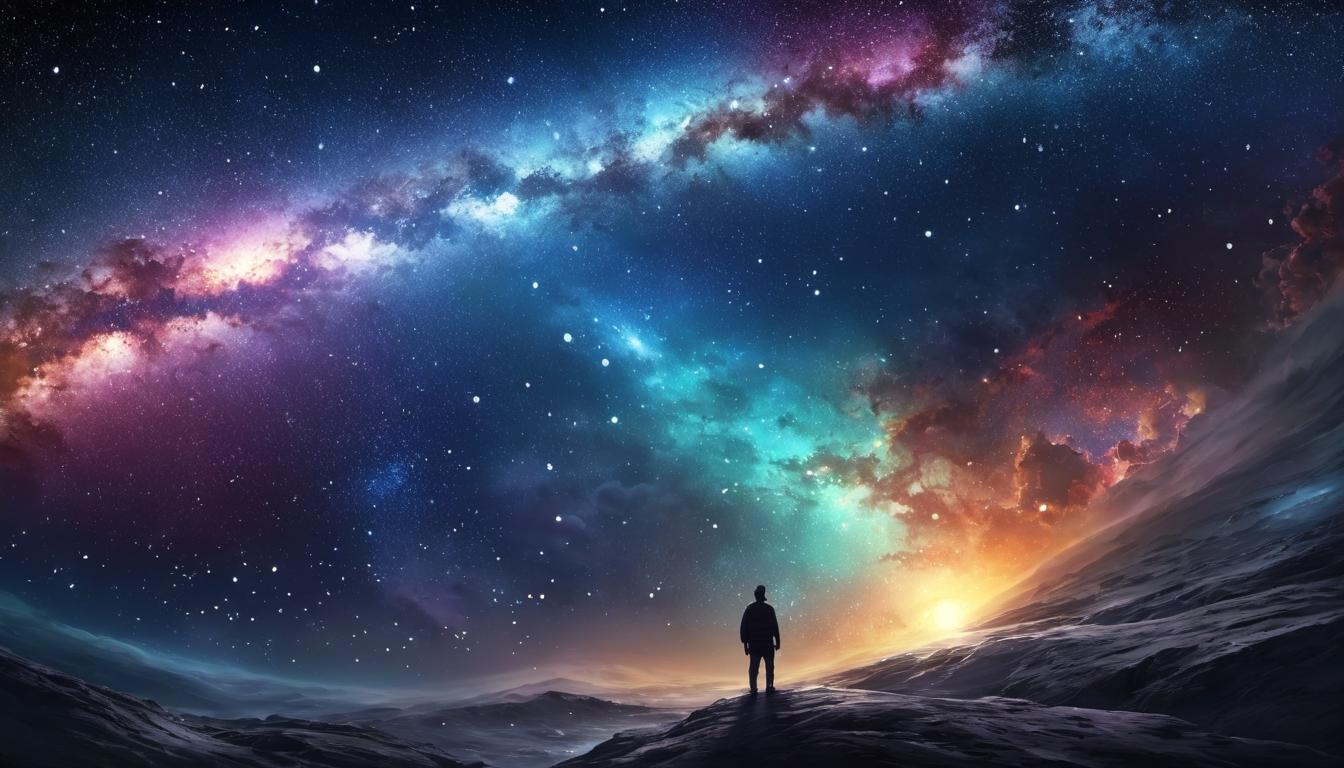  digital illustration beaming stars, radiant galaxy, infinite expanse, sense of wonder, human face looking upwards, awakening, questioning looking at viewer, dynamic pose, (intricate details, masterpiece, best quality)