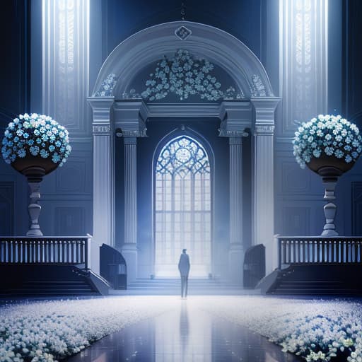  The main hall of the theater. On stage, a blue female mask lies on the floor among white flowers. A concerned young man suspect gazes at the stage. hyperrealistic, full body, detailed clothing, highly detailed, cinematic lighting, stunningly beautiful, intricate, sharp focus, f/1. 8, 85mm, (centered image composition), (professionally color graded), ((bright soft diffused light)), volumetric fog, trending on instagram, trending on tumblr, HDR 4K, 8K