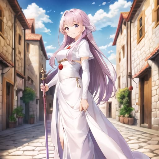  master piece , best quality,Light purple semi long hair, white dress, red balled walking stick, medieval town, gentle smile