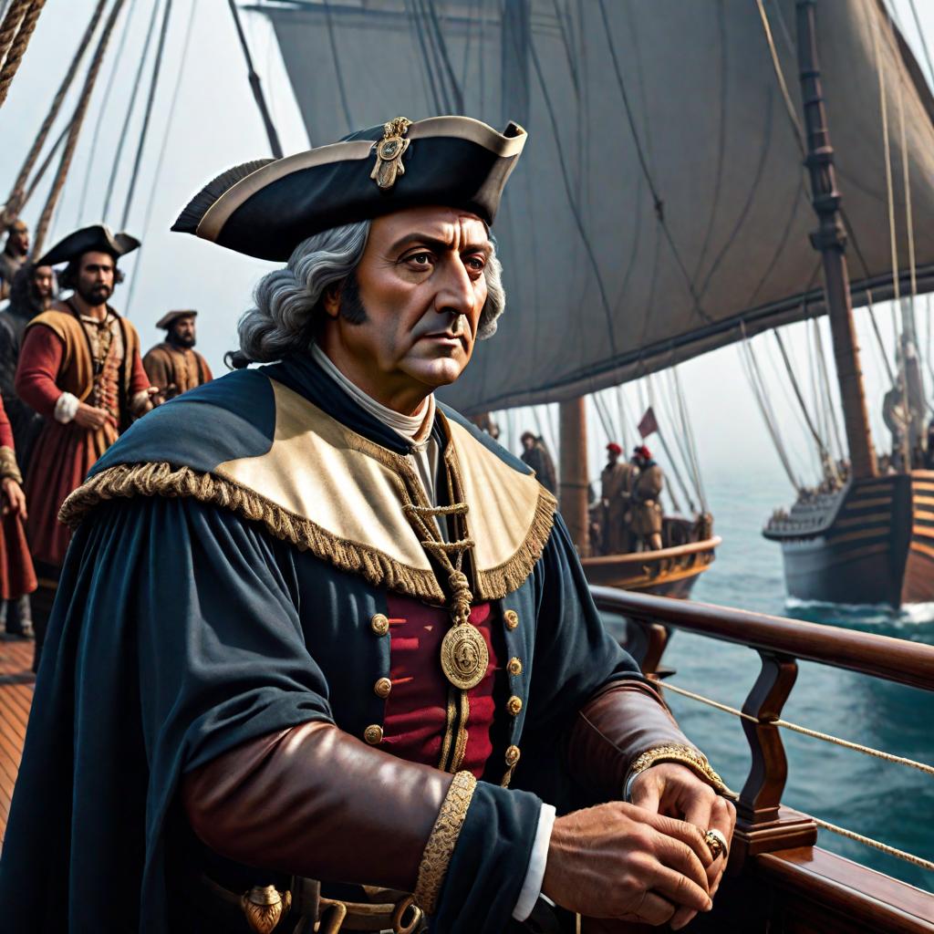  While Christopher Columbus is sailing towards America, he is chatting with Celal Şengör on the ship. hyperrealistic, full body, detailed clothing, highly detailed, cinematic lighting, stunningly beautiful, intricate, sharp focus, f/1. 8, 85mm, (centered image composition), (professionally color graded), ((bright soft diffused light)), volumetric fog, trending on instagram, trending on tumblr, HDR 4K, 8K