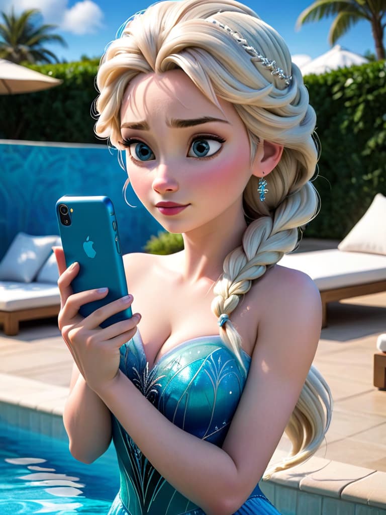  Elsa from frozen at a pool on her iPhone