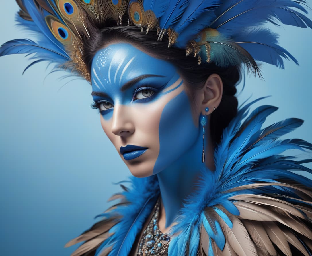  hyperrealistic art "This is a portrait of a person with feathers for hair. Their eyes are a profound, mesmerizing blue. The feathers rustle and shift with their emotions." . extremely high resolution details, photographic, realism pushed to extreme, fine texture, incredibly lifelike hyperrealistic, full body, detailed clothing, highly detailed, cinematic lighting, stunningly beautiful, intricate, sharp focus, f/1. 8, 85mm, (centered image composition), (professionally color graded), ((bright soft diffused light)), volumetric fog, trending on instagram, trending on tumblr, HDR 4K, 8K