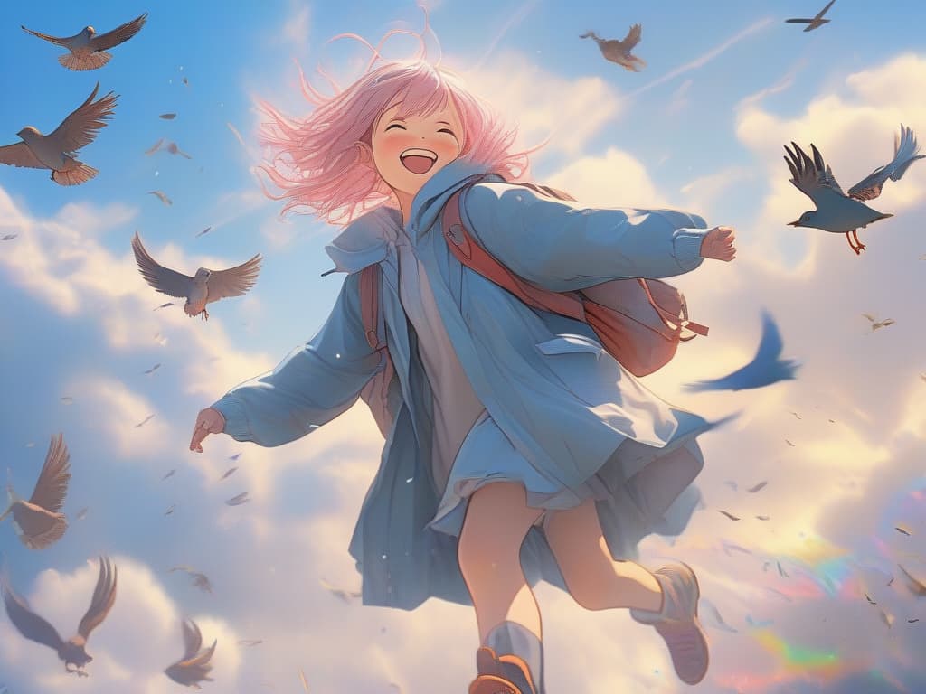  Walking on the rainbow, bob hair girl, pink hair, laughing, wearing raincoat, wearing boots, walking in the sky, growing feathers, birds flying., masterpiece, best quality,8k,ultra detailed,high resolution,an extremely delicate and beautiful,hyper detail