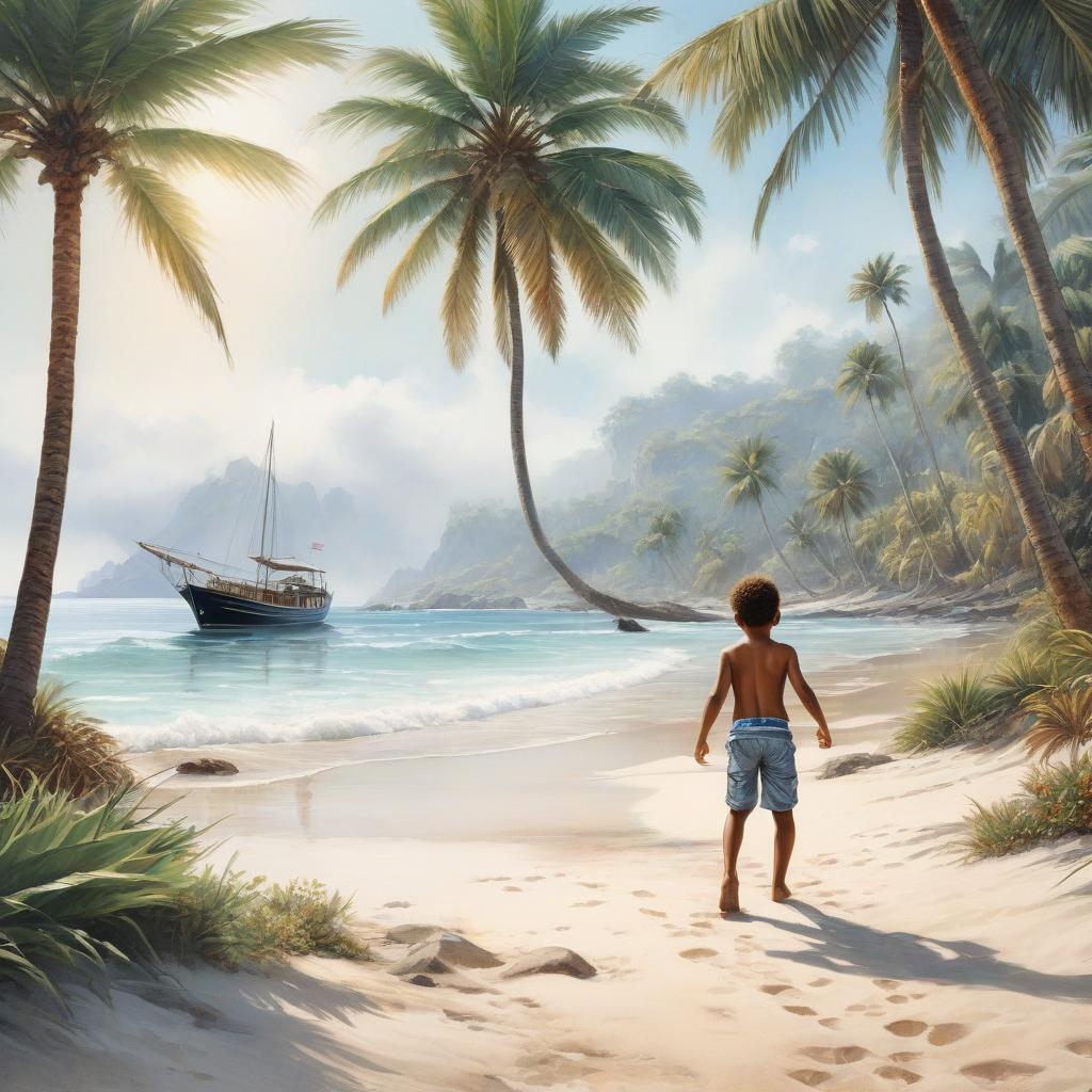  A seashore yacht, palm trees, a small boy runs along the shore waving his hand, a sketch done in watercolor. hyperrealistic, full body, detailed clothing, highly detailed, cinematic lighting, stunningly beautiful, intricate, sharp focus, f/1. 8, 85mm, (centered image composition), (professionally color graded), ((bright soft diffused light)), volumetric fog, trending on instagram, trending on tumblr, HDR 4K, 8K