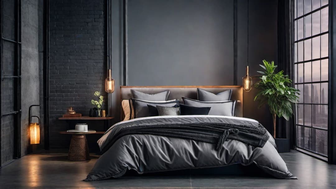  Generate an image of an urban industrial bedroom with a focus on modern and industrial elements. Include a bold Industrial Bed Frame with a sturdy metal construction and an Industrial Headboard for sophistication. Use a color scheme of dark tones like charcoal grey and black, enhancing the industrial vibe. Incorporate decorative elements like exposed metal piping and Edison bulb lighting fixtures to accentuate the Industrial Chic aesthetic. hyperrealistic, full body, detailed clothing, highly detailed, cinematic lighting, stunningly beautiful, intricate, sharp focus, f/1. 8, 85mm, (centered image composition), (professionally color graded), ((bright soft diffused light)), volumetric fog, trending on instagram, trending on tumblr, HDR 4K, 8K