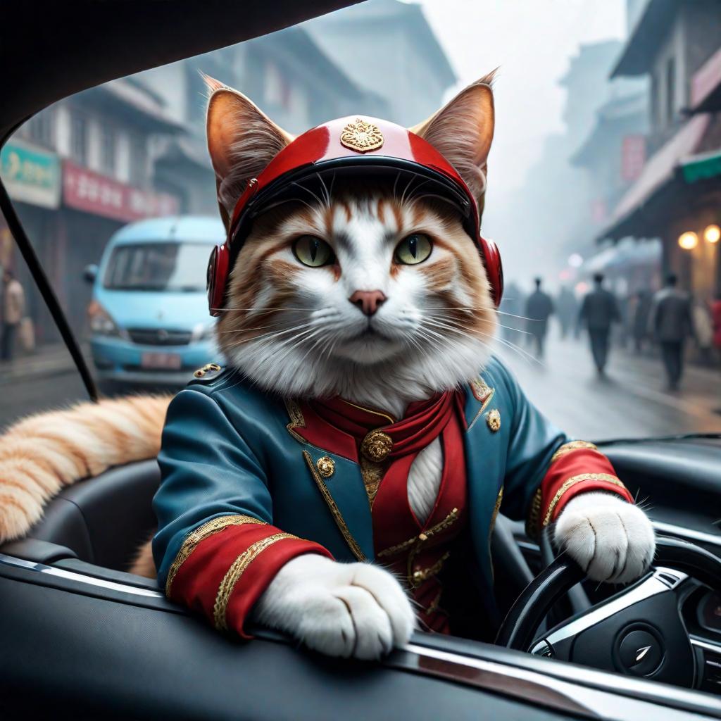  A cat is driving a car in Wuhan. hyperrealistic, full body, detailed clothing, highly detailed, cinematic lighting, stunningly beautiful, intricate, sharp focus, f/1. 8, 85mm, (centered image composition), (professionally color graded), ((bright soft diffused light)), volumetric fog, trending on instagram, trending on tumblr, HDR 4K, 8K